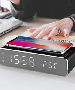 Alternative view of LED Electric Alarm Clock With Wireless Charger Desktop Digital Despertador Thermometer Clock HD Mirror Clock Watch Table Decor