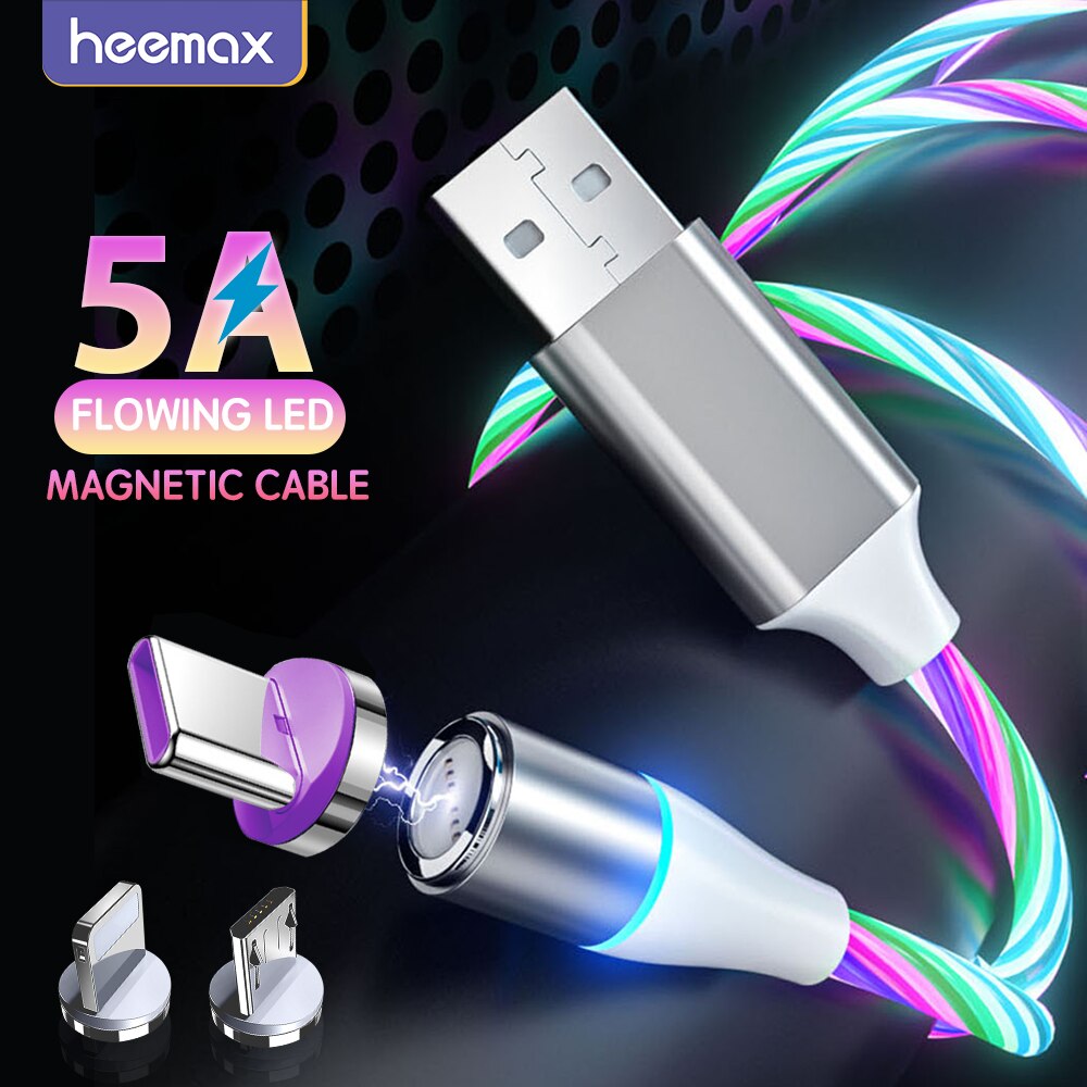 5A Magnetic Flow Luminous Super Fast Charging Cable For Samsung Magnet Cable for iPhone Micro USB Type C Wire For Xiaomi Huawei