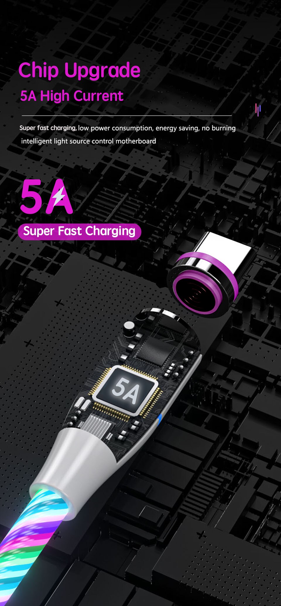 5A Magnetic Flow Luminous Super Fast Charging Cable For Samsung Magnet Cable for iPhone Micro USB Type C Wire For Xiaomi Huawei