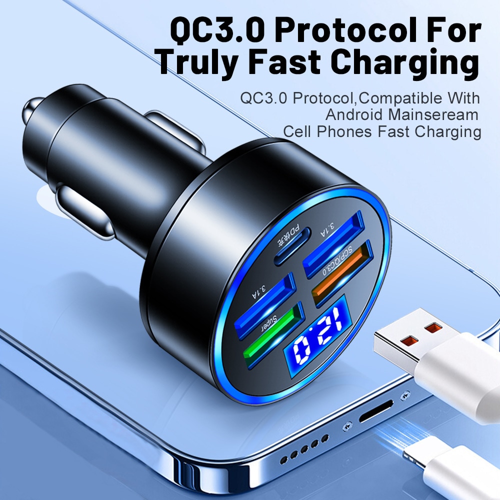 150W 5 Ports  Car Charger Fast Charging PD QC3.0 USB C Car Phone Charger Type C Adapter in Car For iphone Samsung Huawei Xiaomi