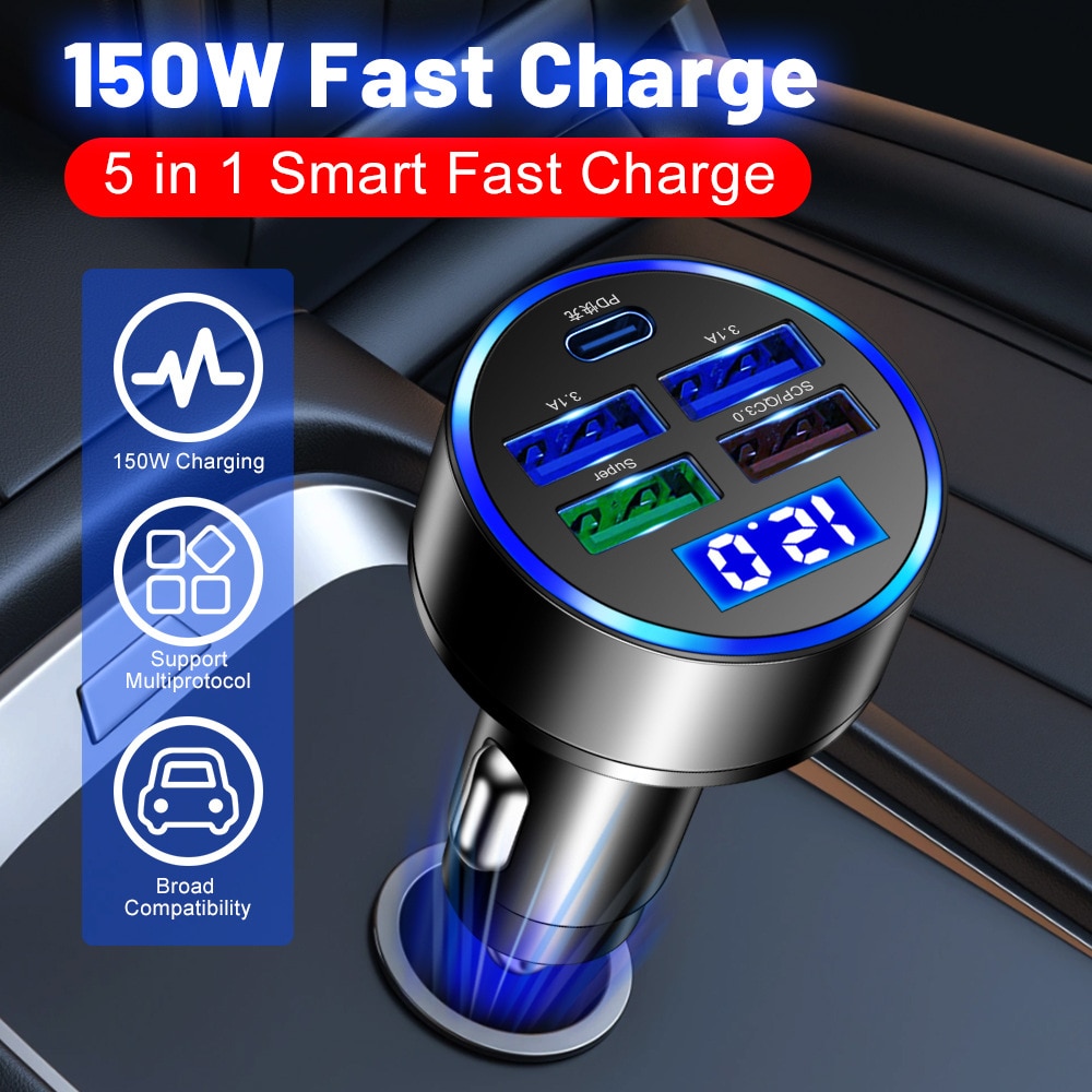 150W 5 Ports  Car Charger Fast Charging PD QC3.0 USB C Car Phone Charger Type C Adapter in Car For iphone Samsung Huawei Xiaomi