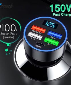 5 Ports 150W Car Charger Fast Charging PD QC3.0 USB C Car Phone Charger Type C Adapter in Car For iphone Samsung Huawei Xiaomi