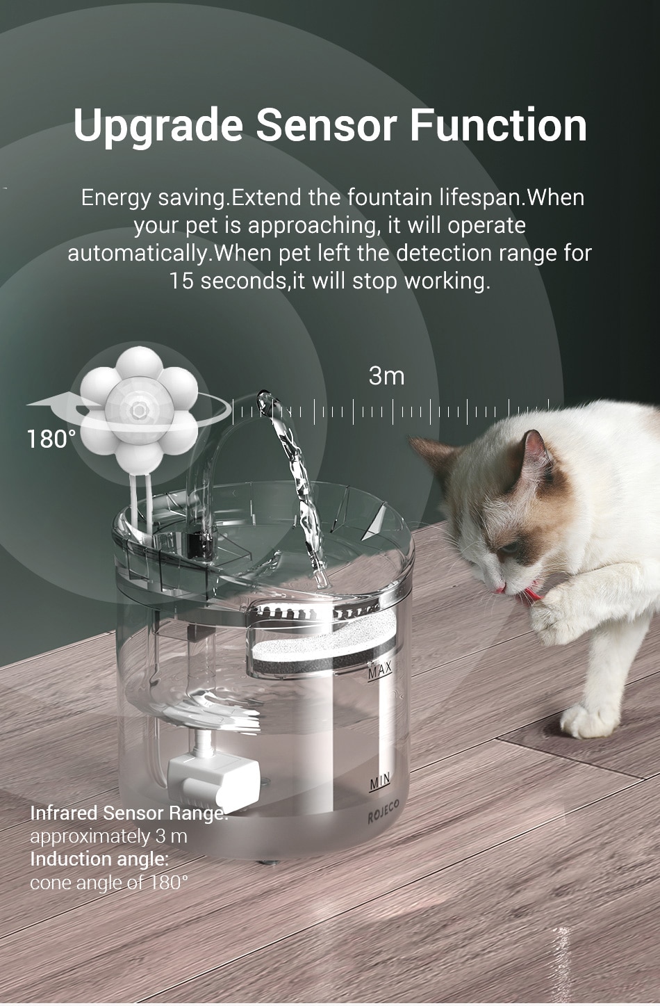 ROJECO Cat Water Fountain Automatic Pet Water Dispenser Pet Smart Drinker For Cats Auto Sensor Cat Drinking Fountain Accessories