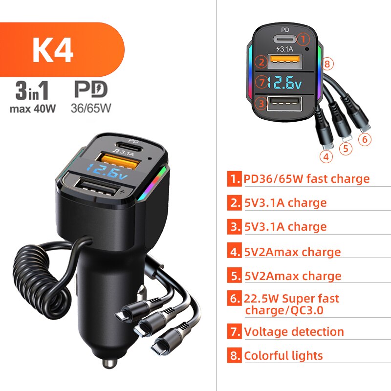 3 IN 1 PD65W USB Car Charger 1.2m Spring Cable Fast Charging for Samsung S23 S22 Xiaomi iPhone 15 14 13 Pro max Phone Charger