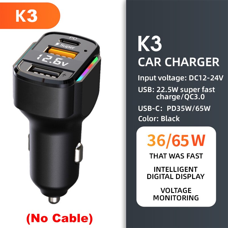 3 IN 1 PD65W USB Car Charger 1.2m Spring Cable Fast Charging for Samsung S23 S22 Xiaomi iPhone 15 14 13 Pro max Phone Charger