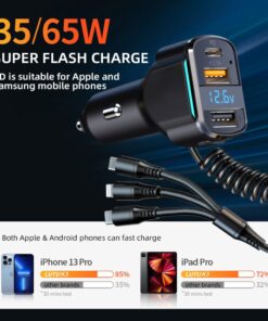 Alternative view of 3 IN 1 PD65W USB Car Charger 1.2m Spring Cable Fast Charging for Samsung S23 S22 Xiaomi iPhone 15 14 13 Pro max Phone Charger