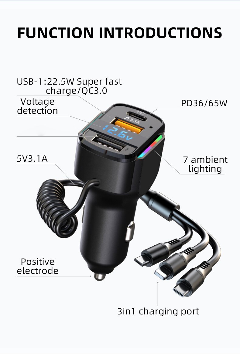 3 IN 1 PD65W USB Car Charger 1.2m Spring Cable Fast Charging for Samsung S23 S22 Xiaomi iPhone 15 14 13 Pro max Phone Charger