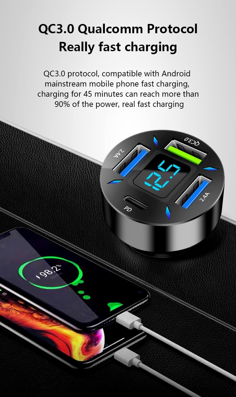 66W 4 Ports USB Car Charger Fast Charging PD Quick Charge 3.0 USB C Car Phone Charger Adapter For iPhone 13 12 Xiaomi Samsung