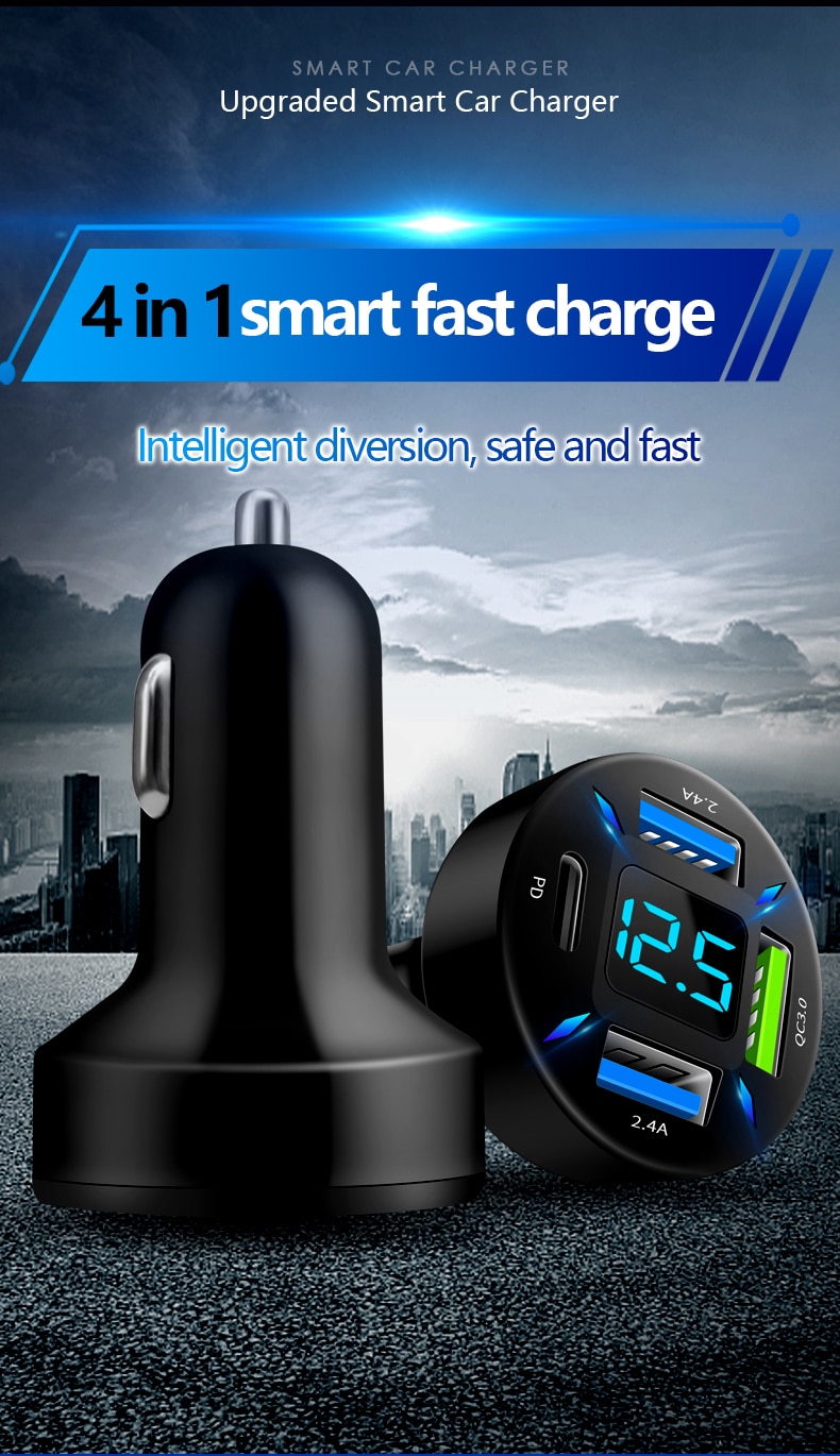 66W 4 Ports USB Car Charger Fast Charging PD Quick Charge 3.0 USB C Car Phone Charger Adapter For iPhone 13 12 Xiaomi Samsung