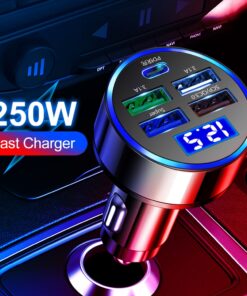 250W LED Car Charger 5 Ports Fast Charge PD QC3.0 USB C Car Phone Charger Type C Adapter in Car For iphone Samsung Huawei Xiaomi