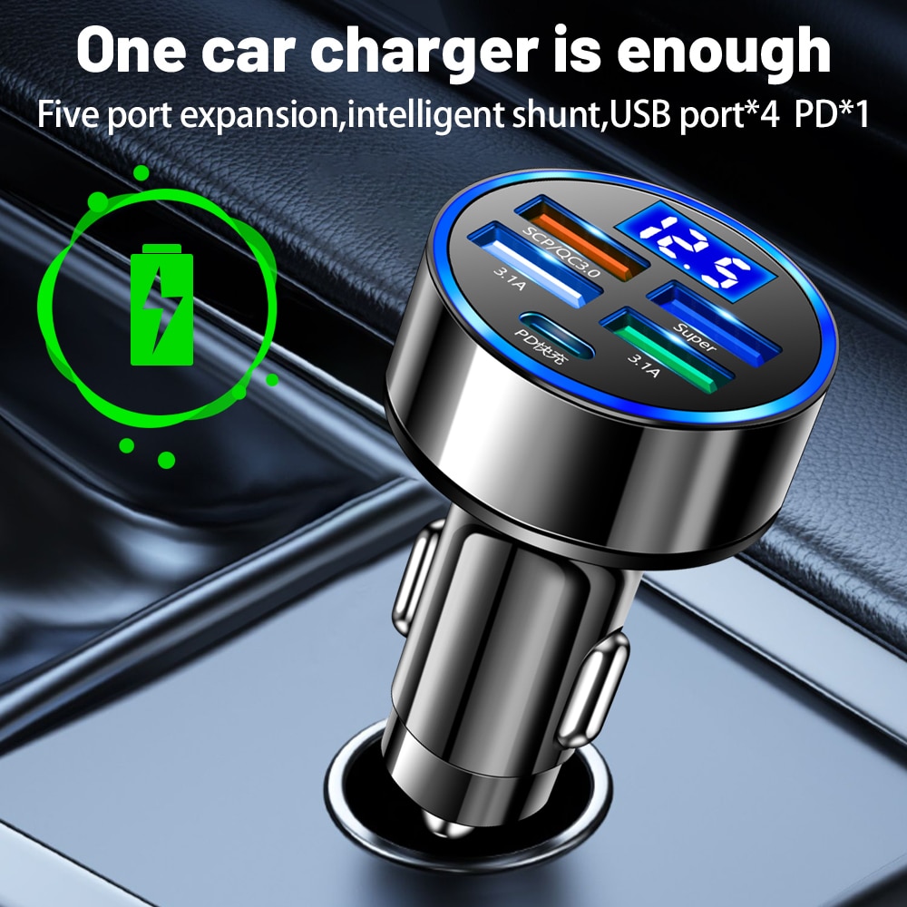 250W LED Car Charger 5 Ports Fast Charge PD QC3.0 USB C Car Phone Charger Type C Adapter in Car For iphone Samsung Huawei Xiaomi