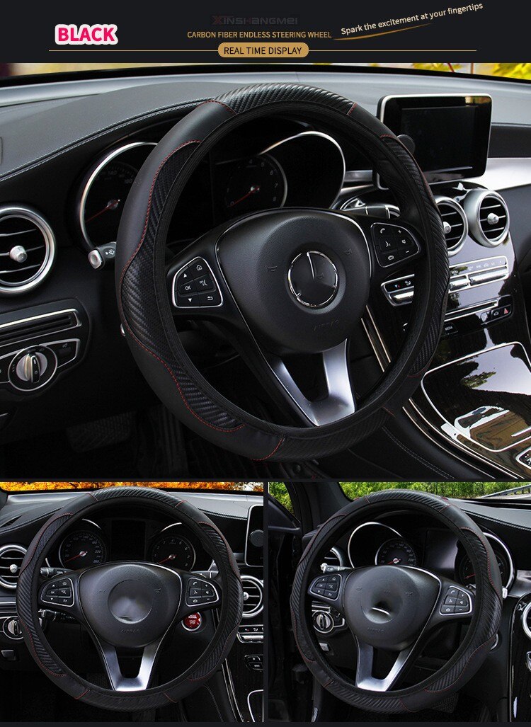 Car Steering Wheel Cover Carbon Fiber Breathable Anti Slip PU Leather Universal 37 38cm Steering Covers Decoration Accessories