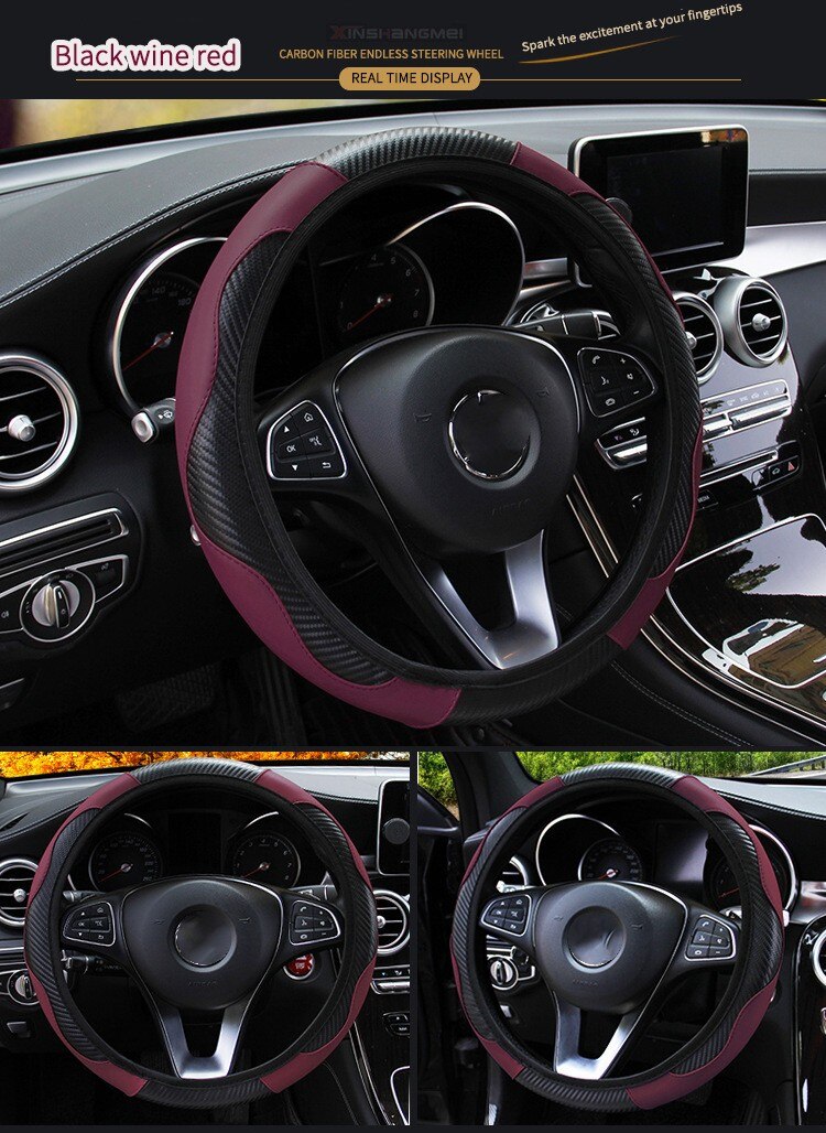 Car Steering Wheel Cover Carbon Fiber Breathable Anti Slip PU Leather Universal 37 38cm Steering Covers Decoration Accessories