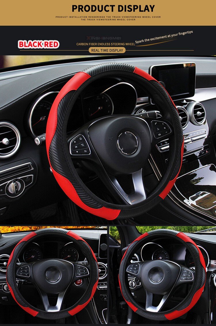 Car Steering Wheel Cover Carbon Fiber Breathable Anti Slip PU Leather Universal 37 38cm Steering Covers Decoration Accessories