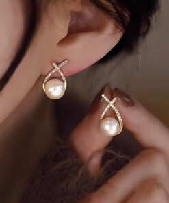 Gold Color Metal Fashion Korean Pearl Earrings For Women Sparkling Zircon Pendant Cuff Clip Earrings Wedding Party Jewelry Gifts