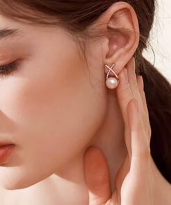 Alternative view of Gold Color Metal Fashion Korean Pearl Earrings For Women Sparkling Zircon Pendant Cuff Clip Earrings Wedding Party Jewelry Gifts