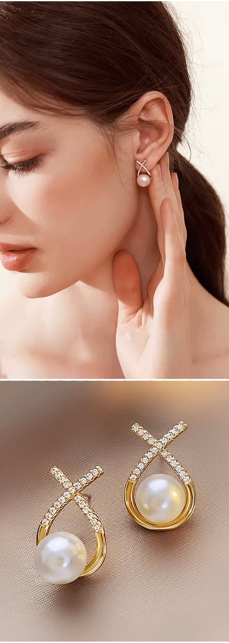 Gold Color Metal Fashion Korean Pearl Earrings For Women Sparkling Zircon Pendant Cuff Clip Earrings Wedding Party Jewelry Gifts