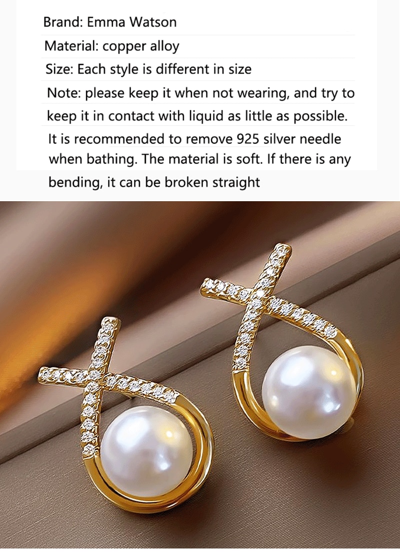 Gold Color Metal Fashion Korean Pearl Earrings For Women Sparkling Zircon Pendant Cuff Clip Earrings Wedding Party Jewelry Gifts