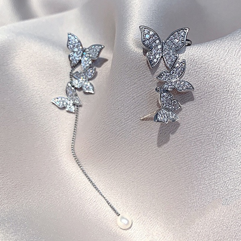 Silver Plated Metal Crystal Butterfly Ear Clips For Women Sparkling Zircon Ear Cuff Clip Earrings Wedding Girls Jewelry Gifts