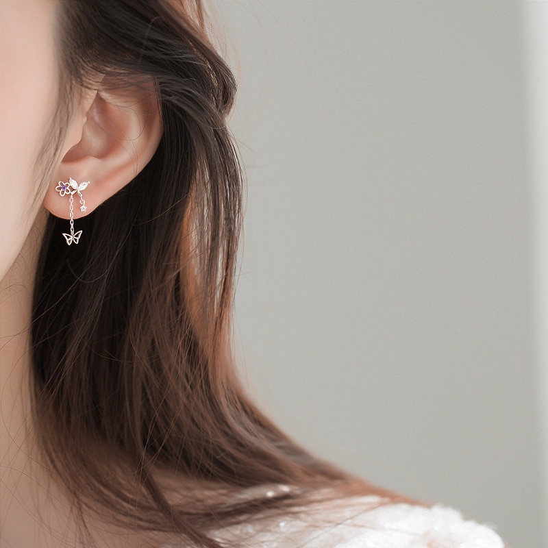 Delicate Cute Zircon Moon Tassel Butterfly Stud Earrings For Women Korean New Fashion Asymmetric Earrings Girls Party Jewelry