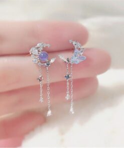 Delicate Cute Zircon Moon Tassel Butterfly Stud Earrings For Women Korean New Fashion Asymmetric Earrings Girls Party Jewelry