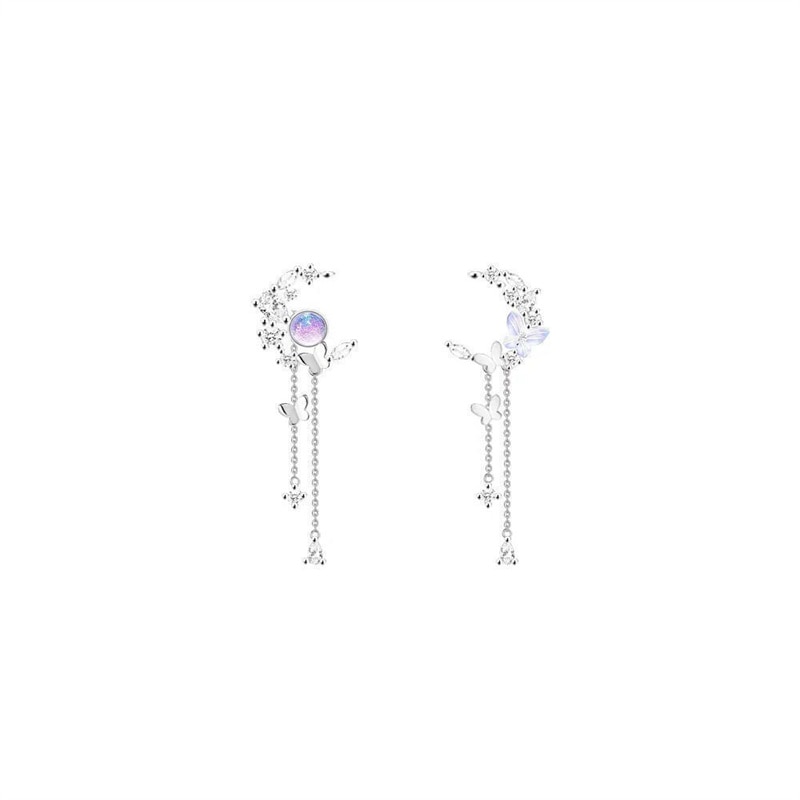 Delicate Cute Zircon Moon Tassel Butterfly Stud Earrings For Women Korean New Fashion Asymmetric Earrings Girls Party Jewelry