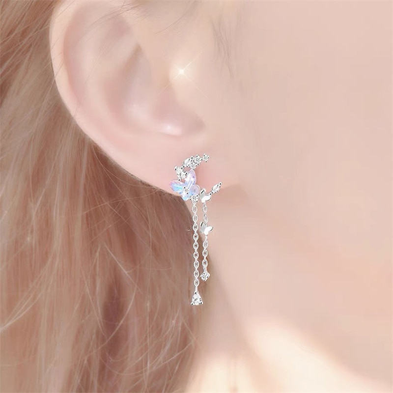 Delicate Cute Zircon Moon Tassel Butterfly Stud Earrings For Women Korean New Fashion Asymmetric Earrings Girls Party Jewelry