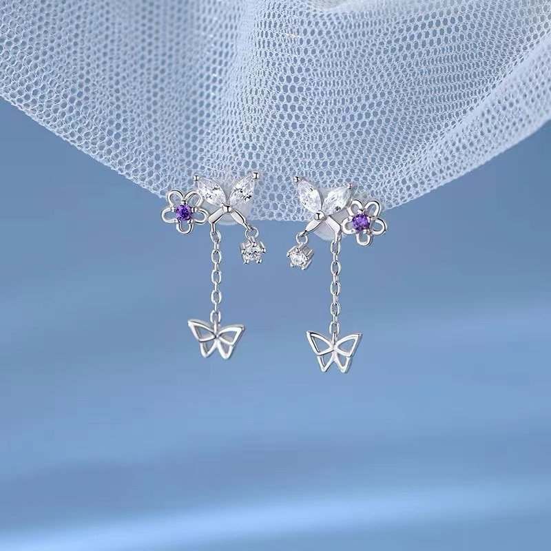 Delicate Cute Zircon Moon Tassel Butterfly Stud Earrings For Women Korean New Fashion Asymmetric Earrings Girls Party Jewelry