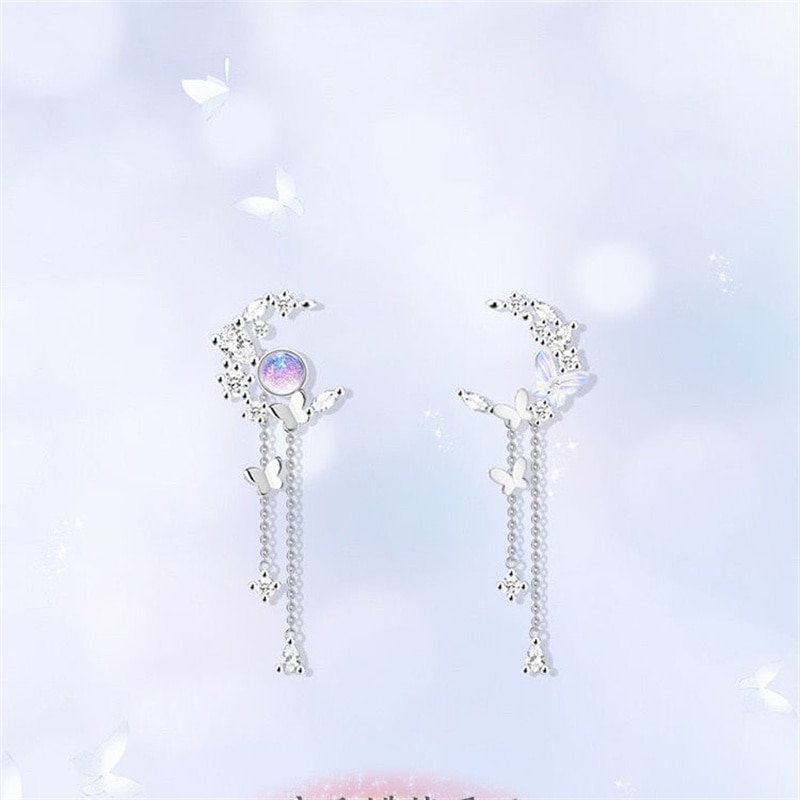 Delicate Cute Zircon Moon Tassel Butterfly Stud Earrings For Women Korean New Fashion Asymmetric Earrings Girls Party Jewelry