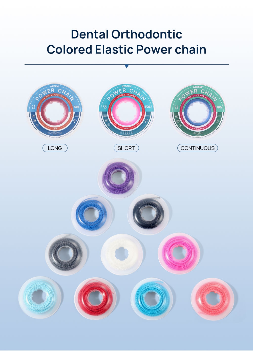 1Pc AZDENT Dental Orthodontic Colored Elastic Power Chain 15ft/Spool