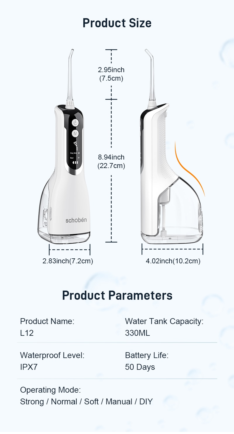 Schoben Portable Oral Irrigator USB Rechargeable Water Flosser Dental Water Jet 330ML Water Tank IPX7 Waterproof Teeth Cleaner