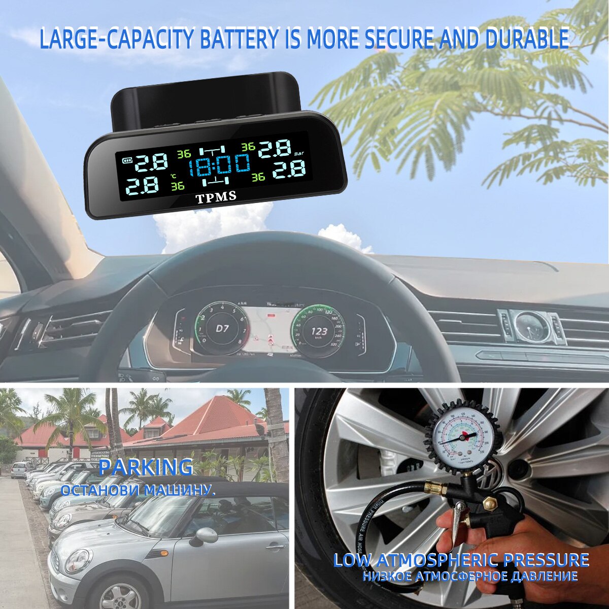 TPMS 4 Sensors Car Tire Pressure Alarm Monitor System Solar Smart Intelligent Warning Display Auto For Car SUV MPV