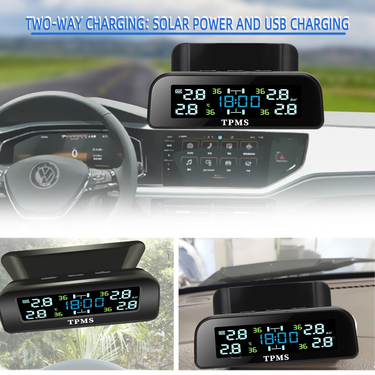 TPMS 4 Sensors Car Tire Pressure Alarm Monitor System Solar Smart Intelligent Warning Display Auto For Car SUV MPV