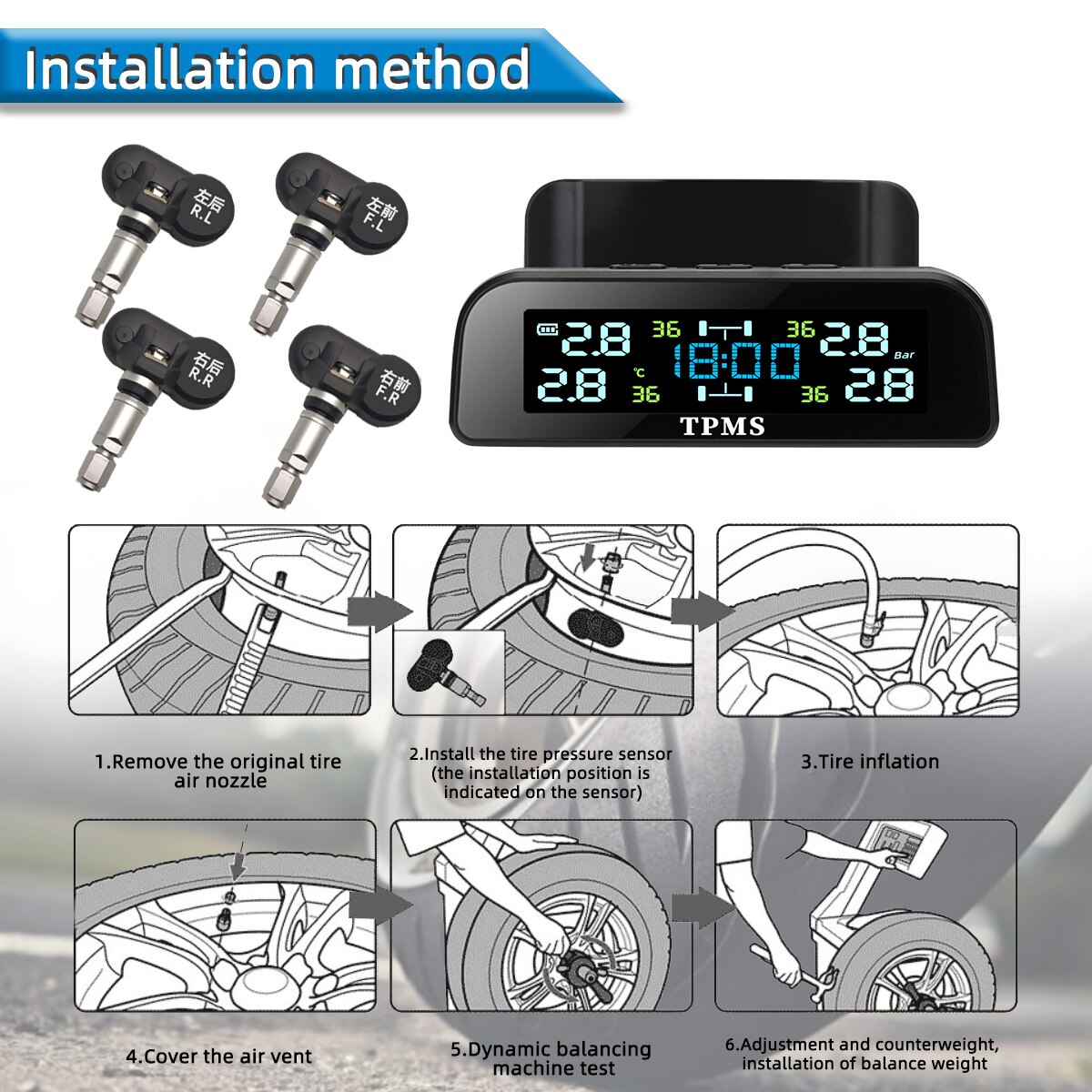 TPMS 4 Sensors Car Tire Pressure Alarm Monitor System Solar Smart Intelligent Warning Display Auto For Car SUV MPV