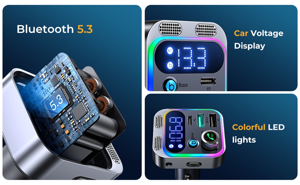 2023 Bluetooth 5.3 FM Transmitter for Car, [Stronger Dual Mics Deep Bass Sound] , 48W PD&QC3.0 Car Charger Bluetooth Adapter