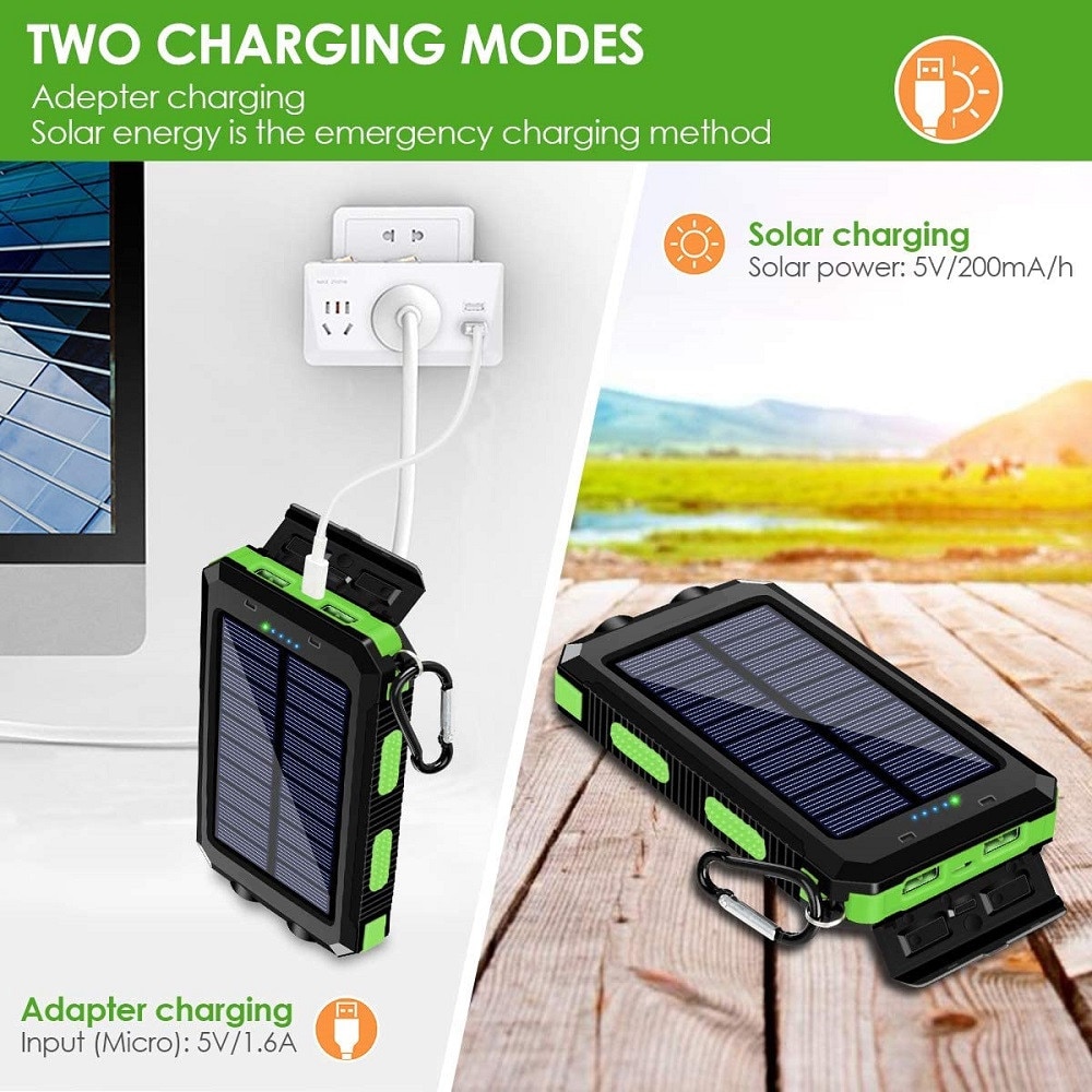 Portable Solar Power Bank 20000mAh External Battery Charging Poverbank External Battery Charger LED Light for All Smartphones