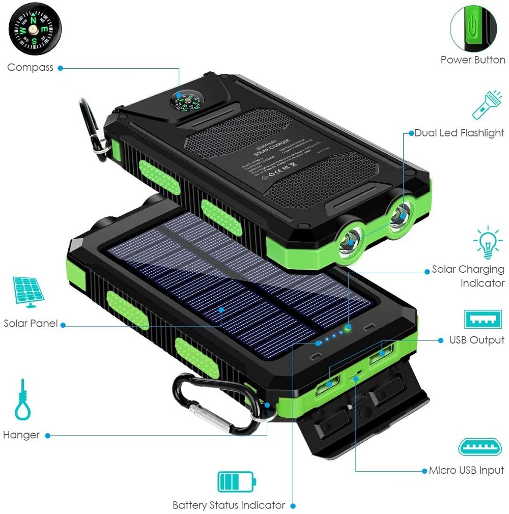 Portable Solar Power Bank 20000mAh External Battery Charging Poverbank External Battery Charger LED Light for All Smartphones