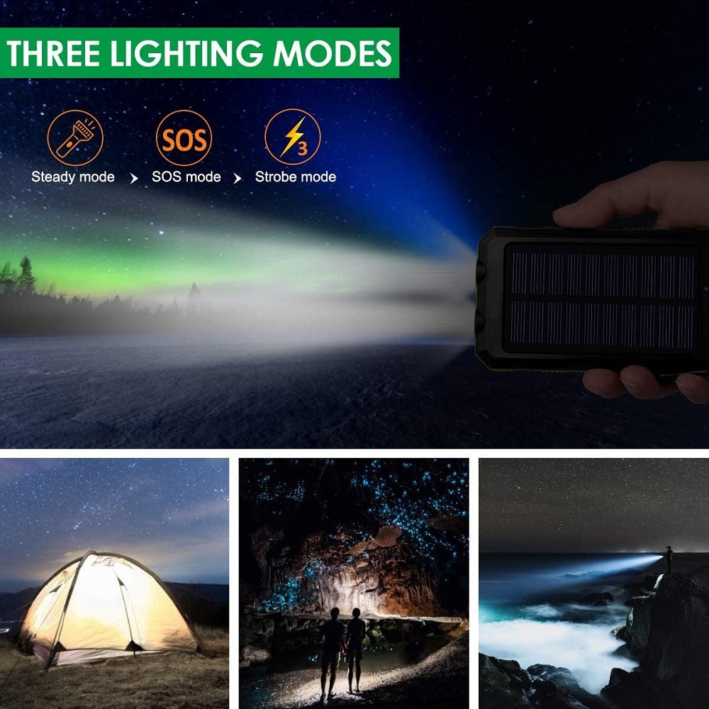 20000mAh Portable Solar Power Bank Charging Poverbank Three defenses External Battery Charger Strong LED Light Double USB Power