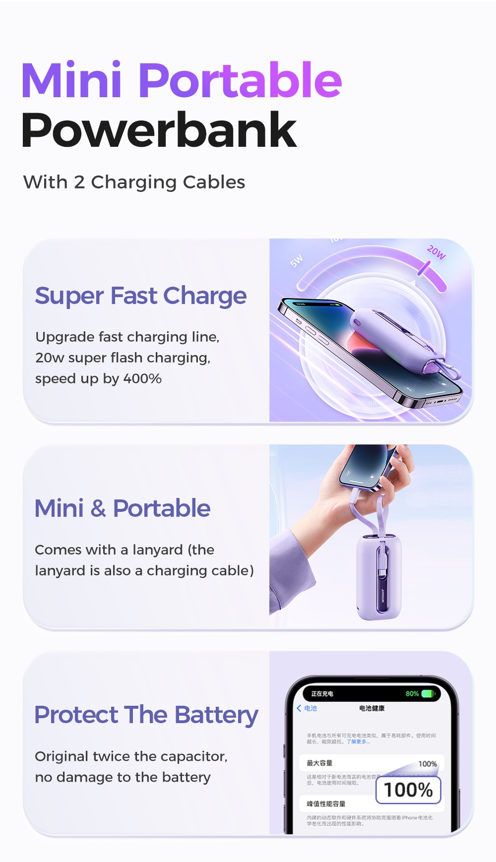 Joyroom Mini 22.5W Power Bank Fast Charging Powerbank With Type-C For iPhone Cable 10000mAh PD QC3.0 Charger For Samsung Xiaomi