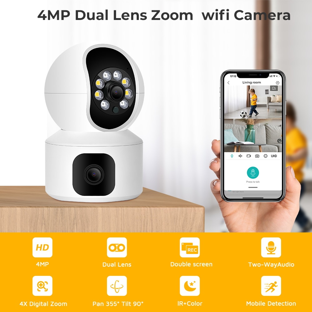 BESDER 4MP WiFi Camera with Dual Screens Baby Monitor Night Vision Indoor Mini PTZ Security IP Camera CCTV Surveillance Cameras