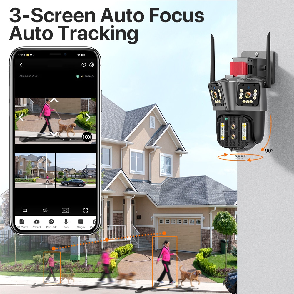 6K HD WIFI IP Camera 16MP 10X Hybrid Zoom Auto Tracking PTZ Camera Outdoor Four Lens Three Screen Security Cam 4K Surveillance