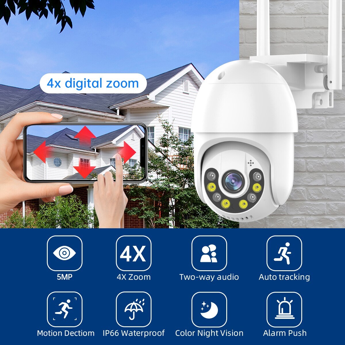 Jooan 5MP Wireless WIFI Camera Outdoor 4X Digital Zoom PTZ IP Camera Night Full Color Audio Waterproof Security CCTV Camera