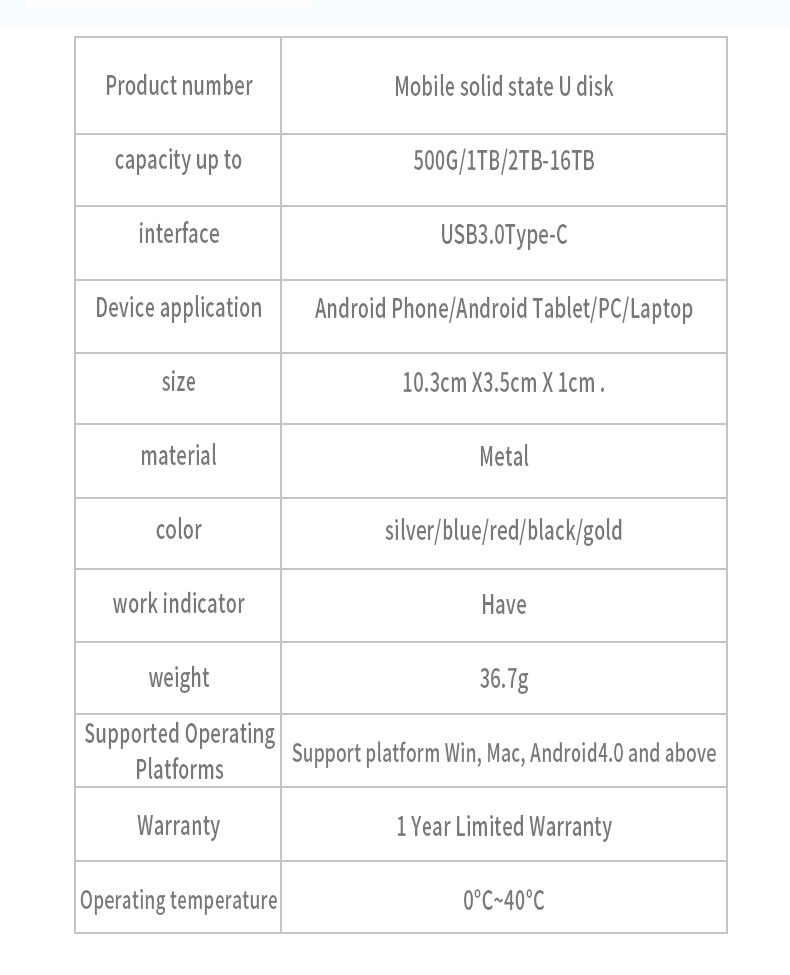 External Solid State Disk 1TB Hard Drive High Capacity Portable 500GB SSD Hard Disk Storage Device for Computer/Laptop Type-C