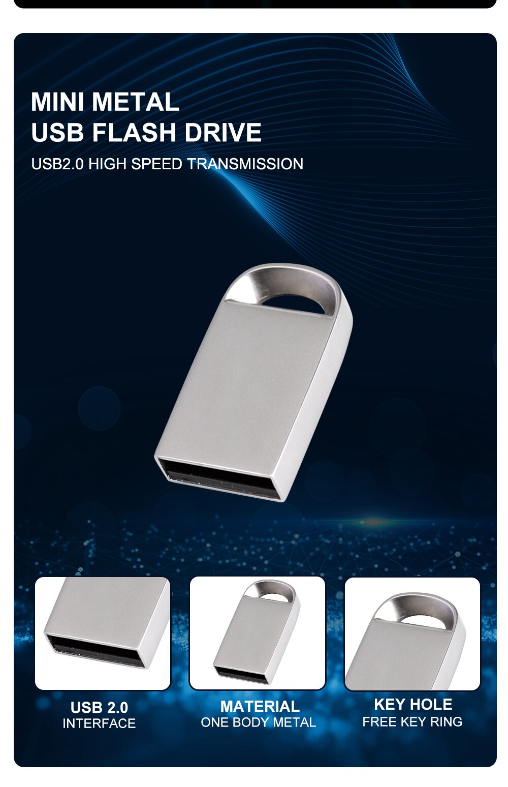 Mini USB Flash Drives Metal Pen Drive 64GB Business Memory Stick Free Key Chain Storage Devices Silver Pendrive U Disk