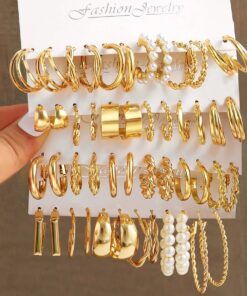 Gold Color Pearl Hoop Earrings Set Metal Dangle Earrings Vintage Circle Geometric Twist for Women Girls Trendy Jewelry Gifts