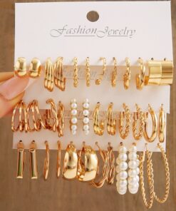 Alternative view of Gold Color Pearl Hoop Earrings Set Metal Dangle Earrings Vintage Circle Geometric Twist for Women Girls Trendy Jewelry Gifts