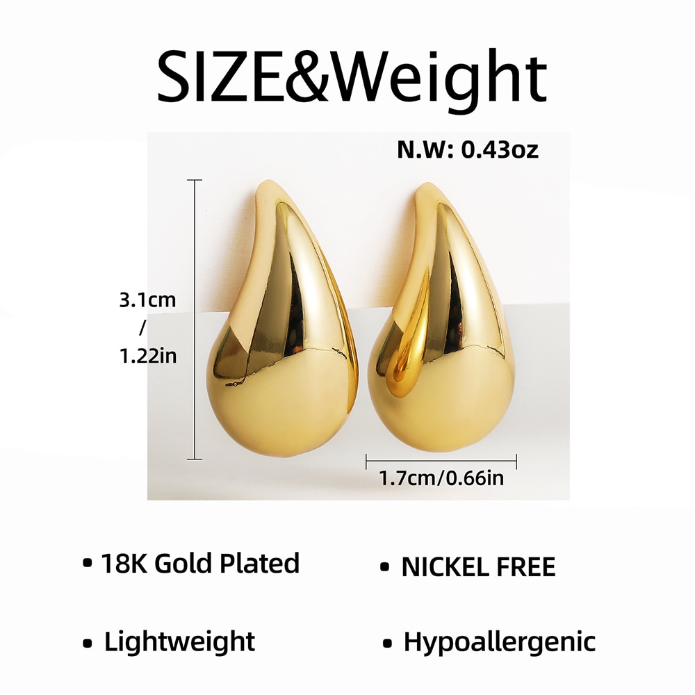 Vintage Gold Plated Chunky Dome Drop Earrings for Women Glossy Stainless Steel Thick Teardrop Earrings Dupes Lightweight Hoops