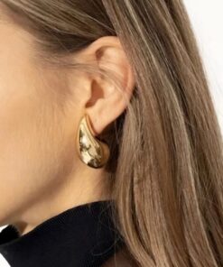 Alternative view of Vintage Gold Plated Chunky Dome Drop Earrings for Women Glossy Stainless Steel Thick Teardrop Earrings Dupes Lightweight Hoops